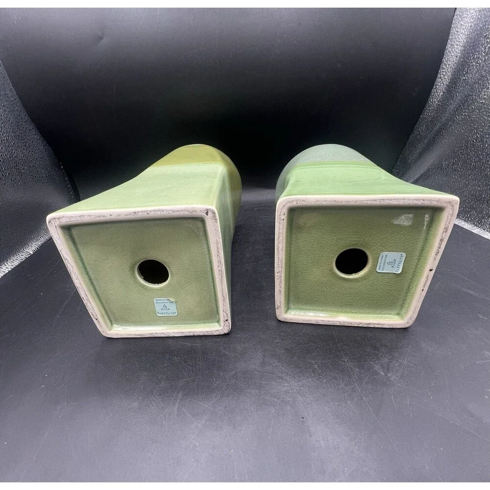 PartyLite Nature’s Garden Green Crackle Glaze Ceramic Candle Holders Set of 2